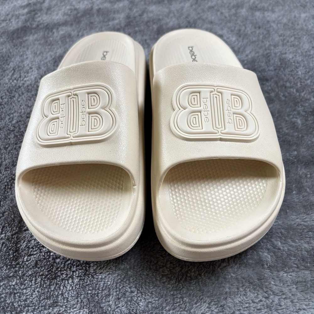Bebé Womens Size 6 Natural , Beige 3D Logo Sandals Pool, Casual, Beach